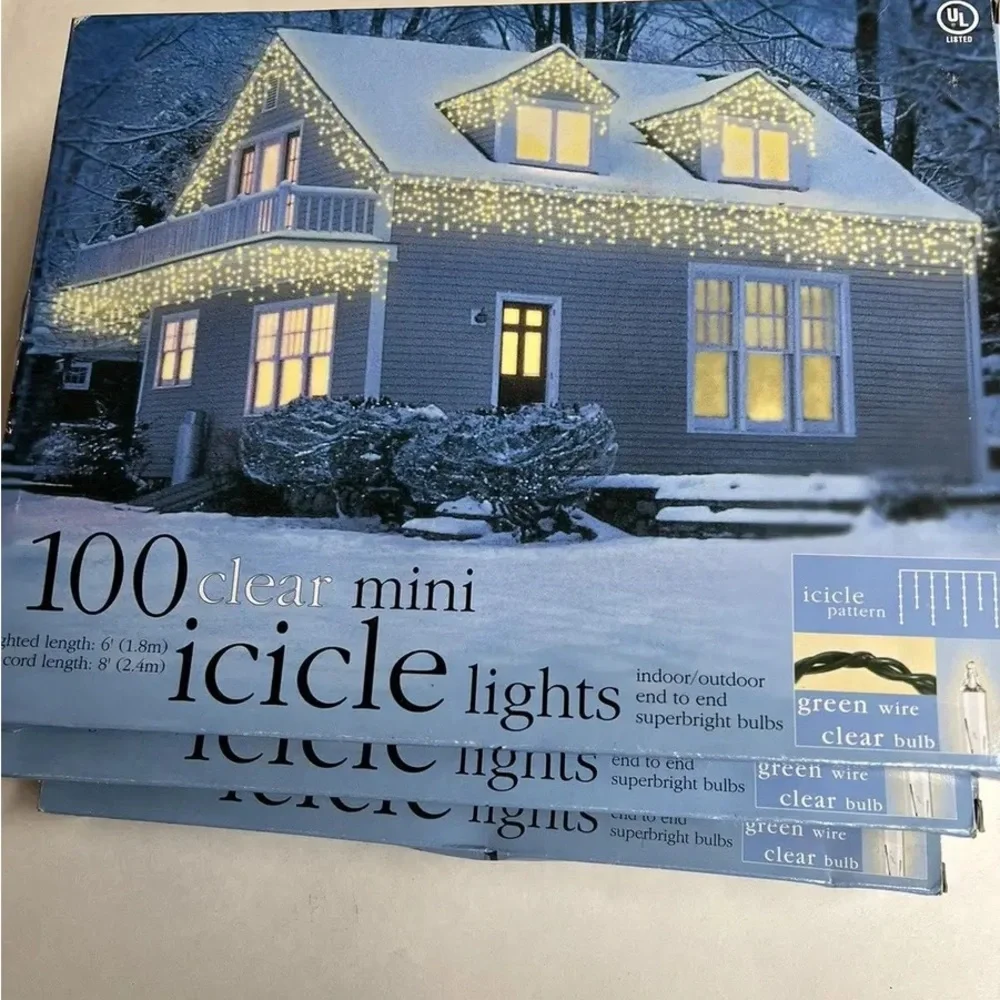 4 NEW Boxes of 100 Clear Mini Icicle Lights Cord length 8'